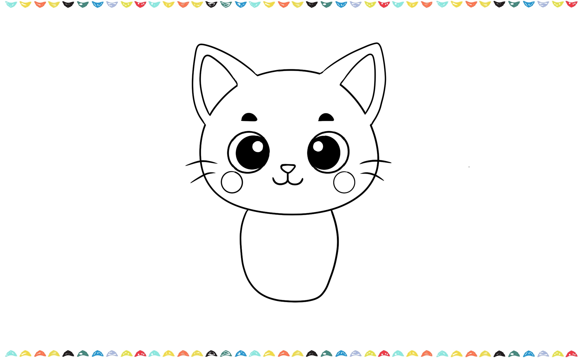 A simple drawing tutorial showing how to add a rounded body shape below the cat's head step 7