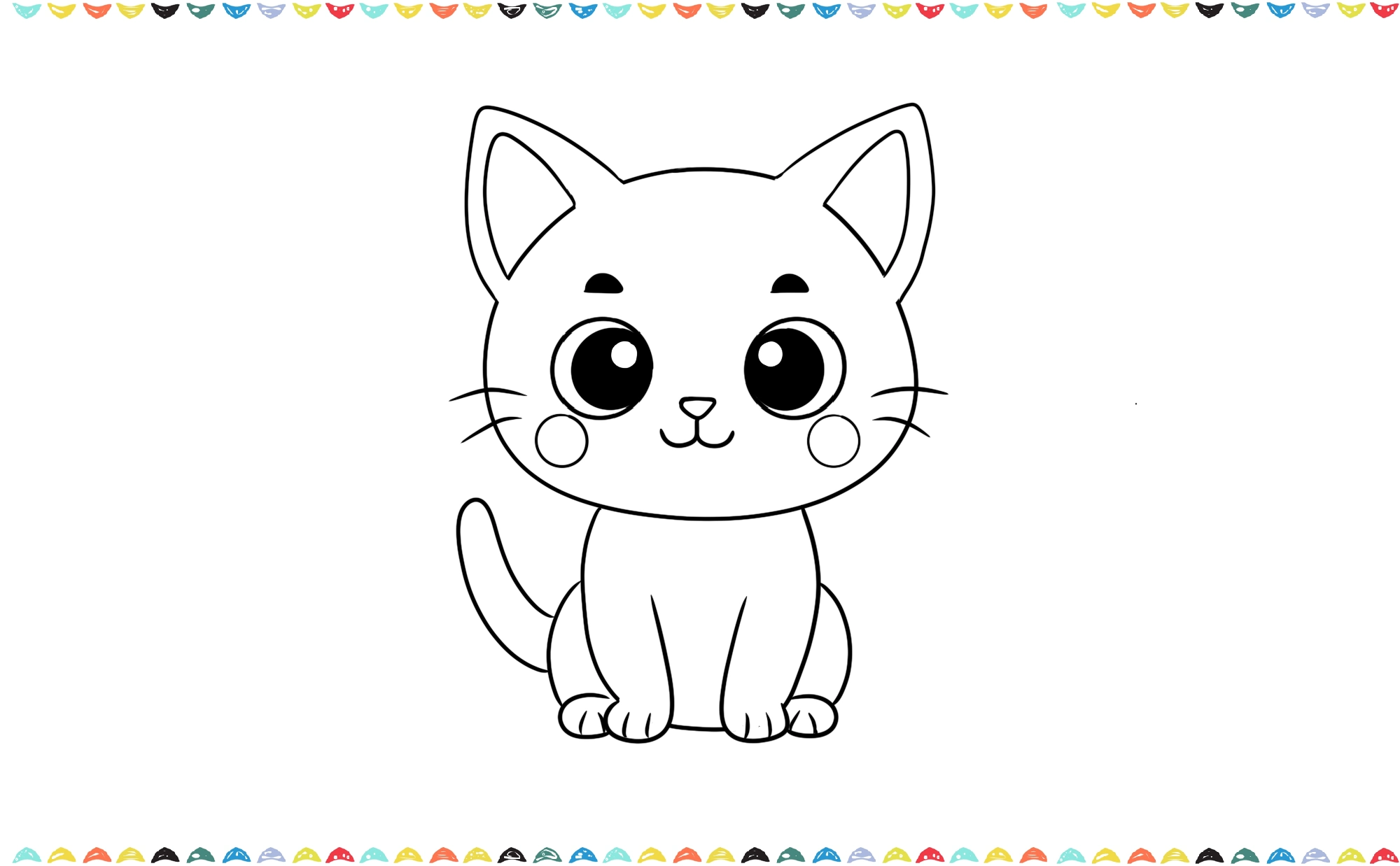 A step-by-step image showing how to draw a long, curvy tail on a cute cat step 9