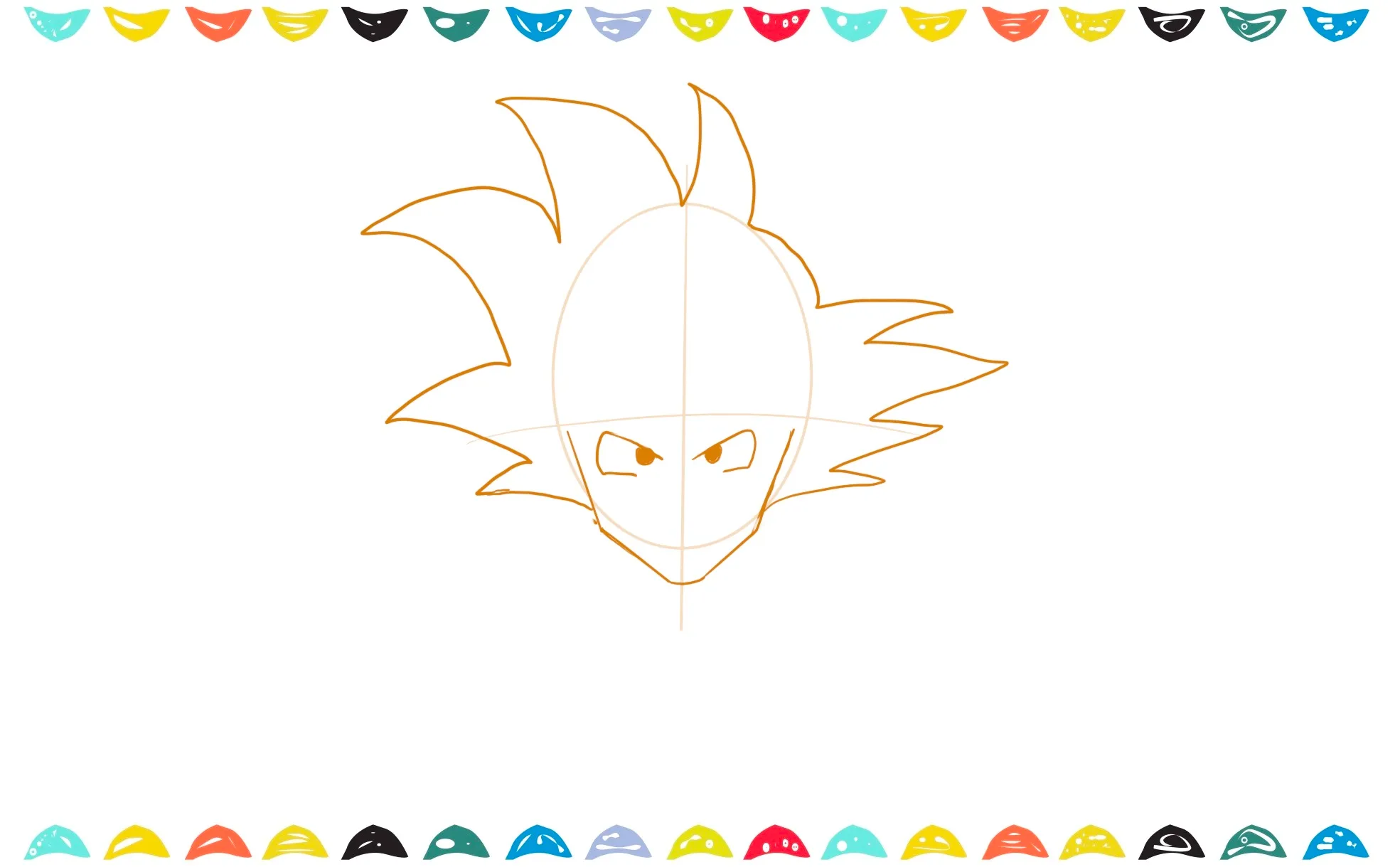 Add sharp, angled shapes for Goku's eyes with small dark pupils and a white highlight step 4