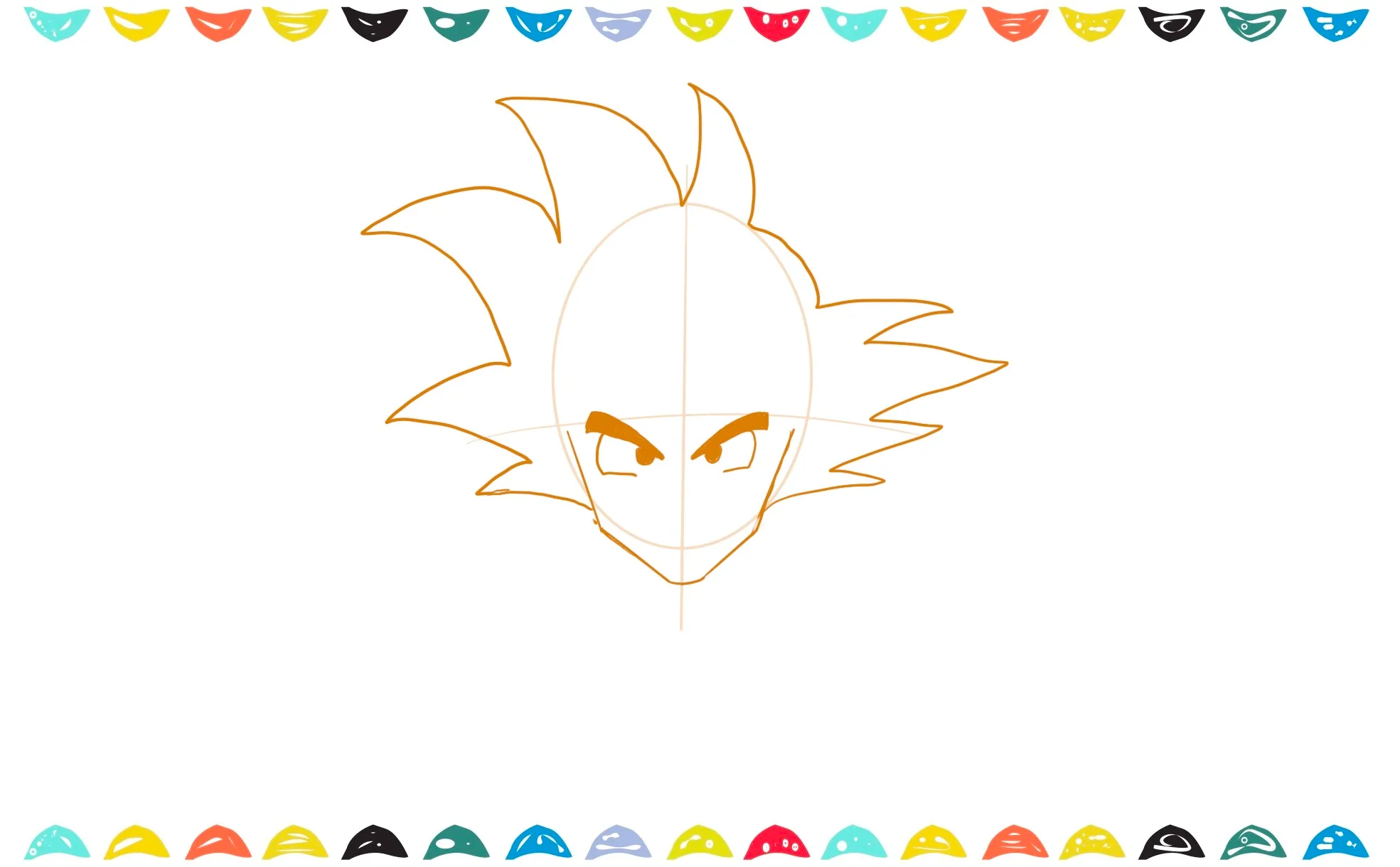 sketch of Goku's face with thick, upward-curving eyebrows drawn to show a serious expression step 5
