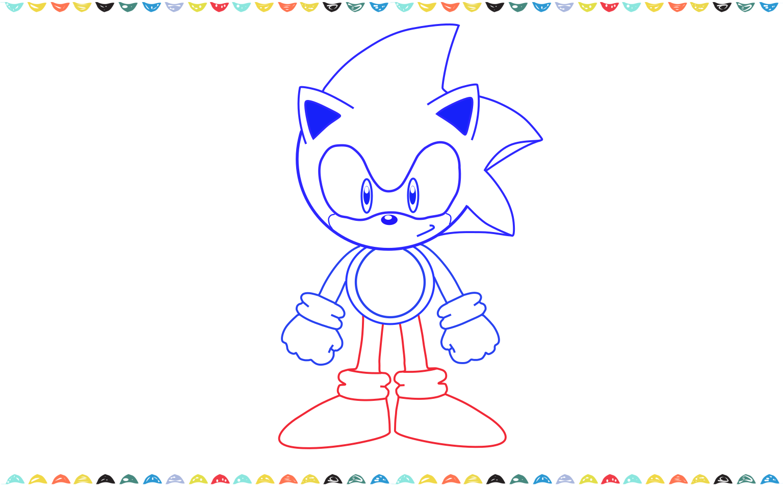 Add large rounded gloves to the hands and the outline of his large, striped shoes on the feet step 10