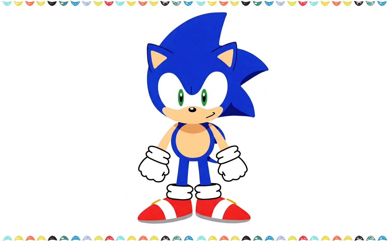 How to draw Sonic - the finished drawing of Sonic being colored in with bright blue, red, and peach step 12