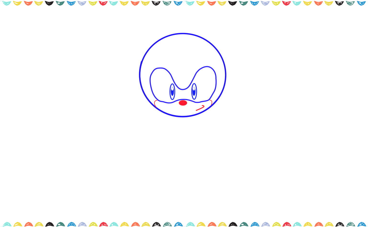 Add a small oval nose below Sonic's eyes, followed by a wide, cheerful, smiling mouth step 5