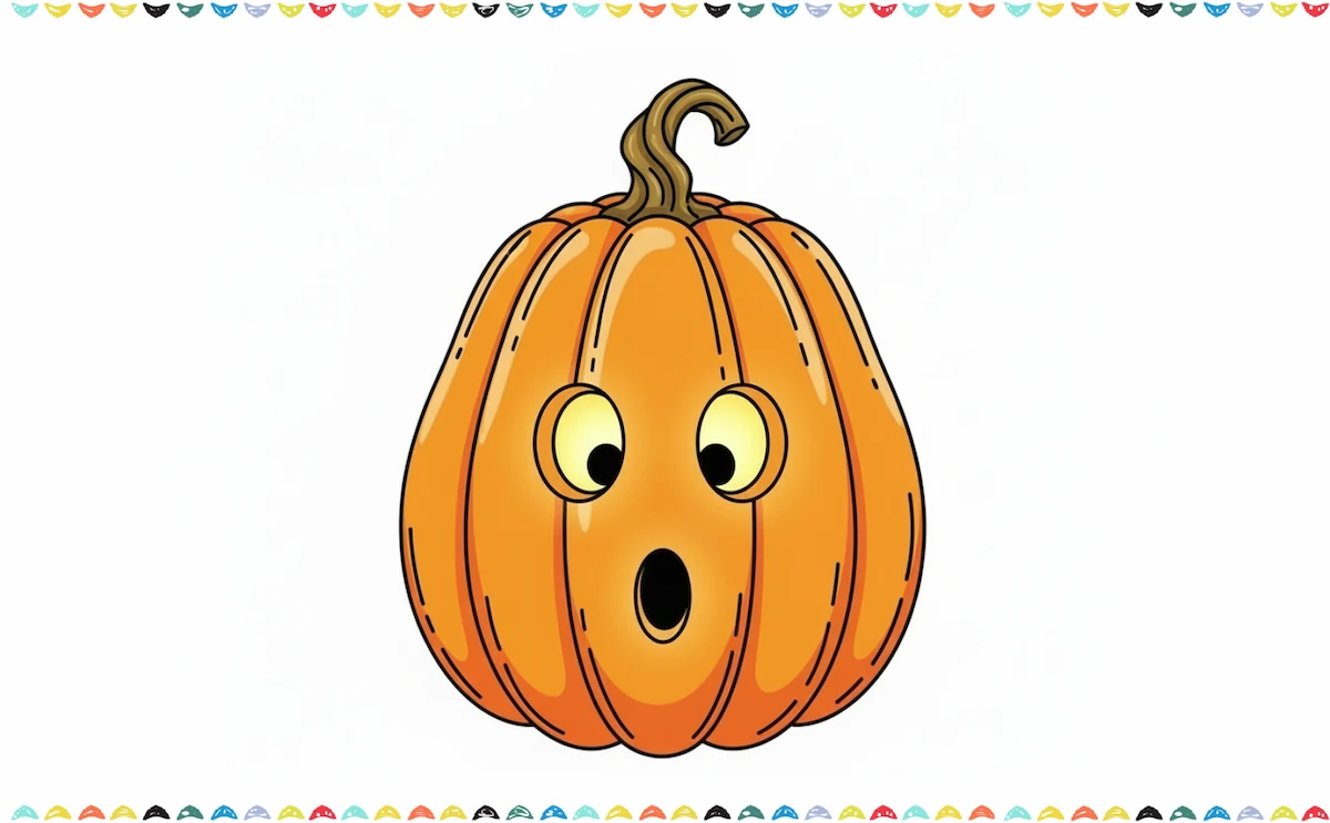 cartoon pumpkin drawing with big round eyes and a happy smile - fun pumpkin drawing idea 2