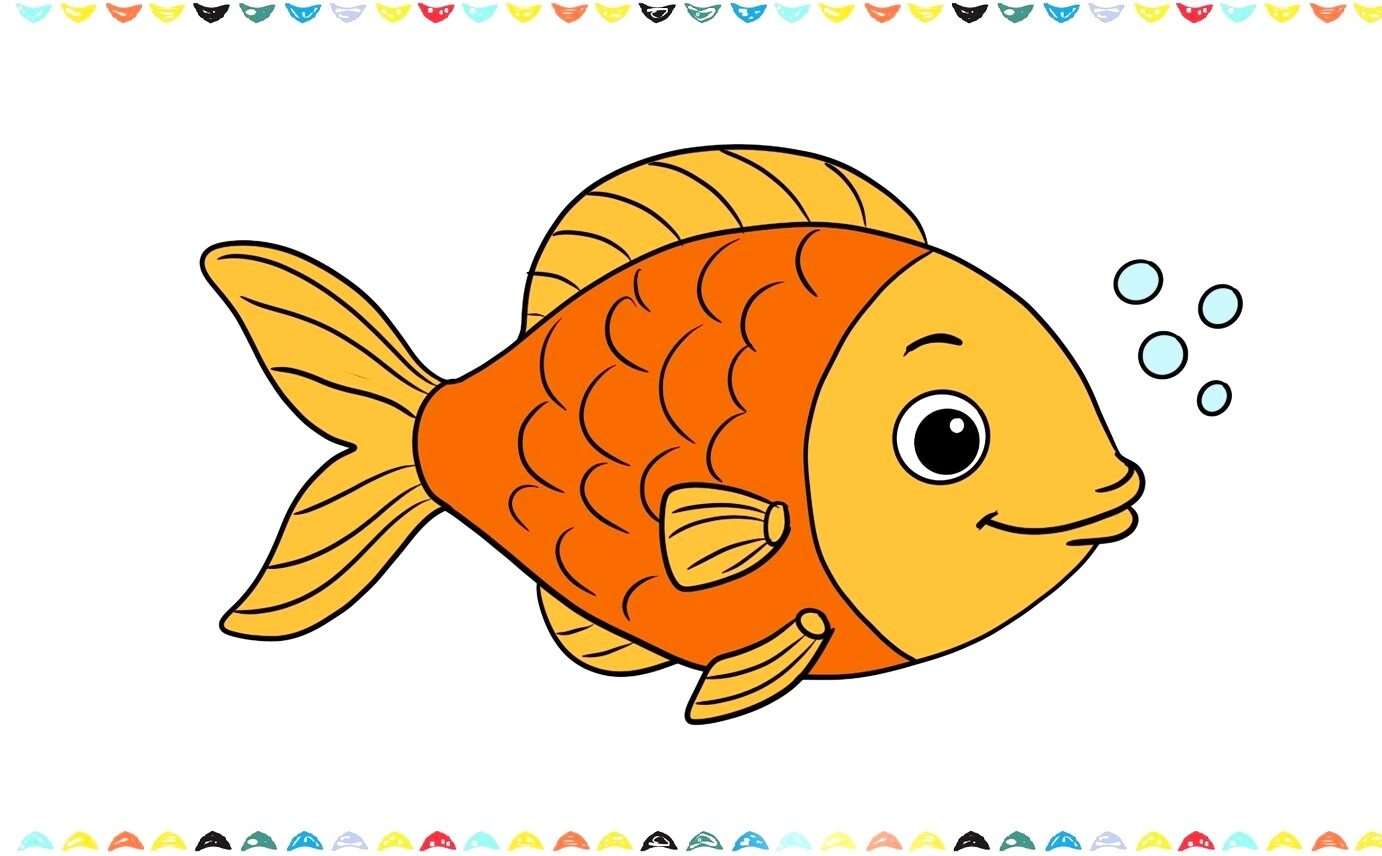 A finished fish drawing being colored with bright blue and yellow markers, showing stripes on the body and tail step 10