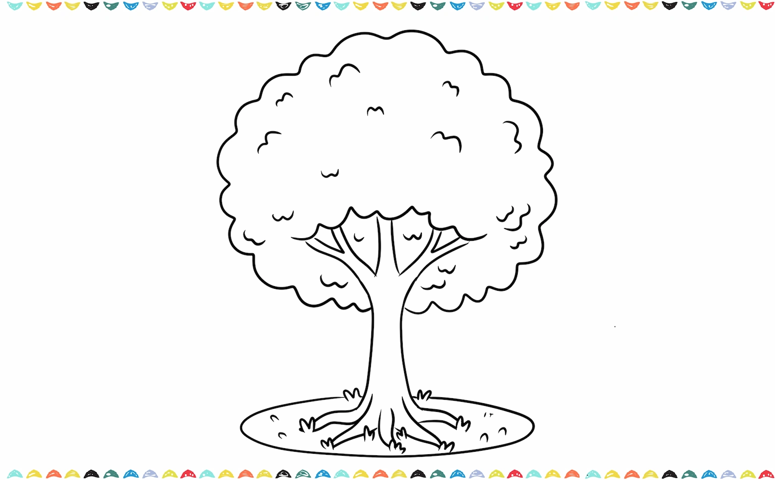 Sketch a small oval under the tree trunk for the grassy base and add short zigzag lines for tufts of grass step 7