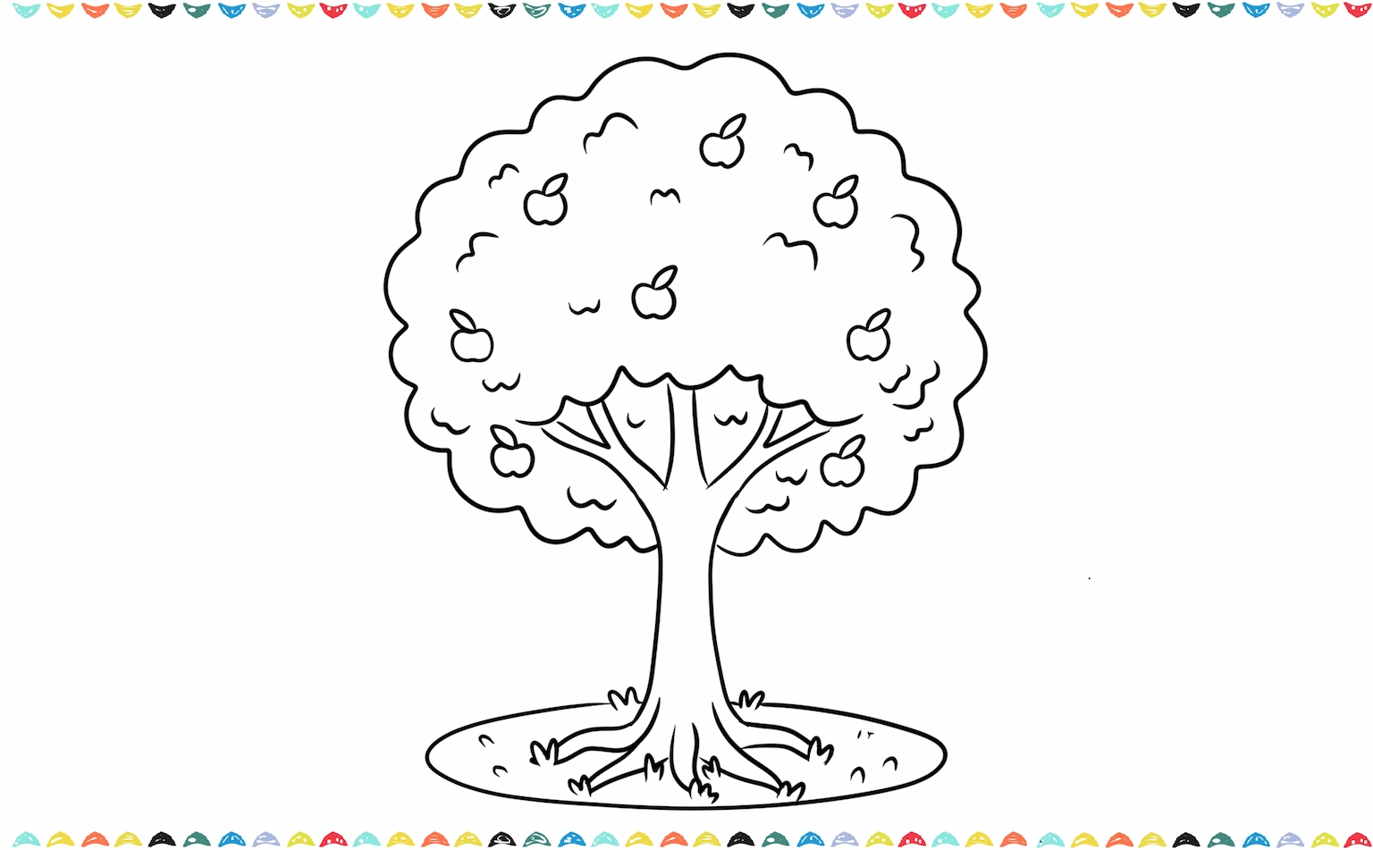 Draw several small circles scattered on the top of the tree drawing with a tiny stem and a leaf added to each one step 8