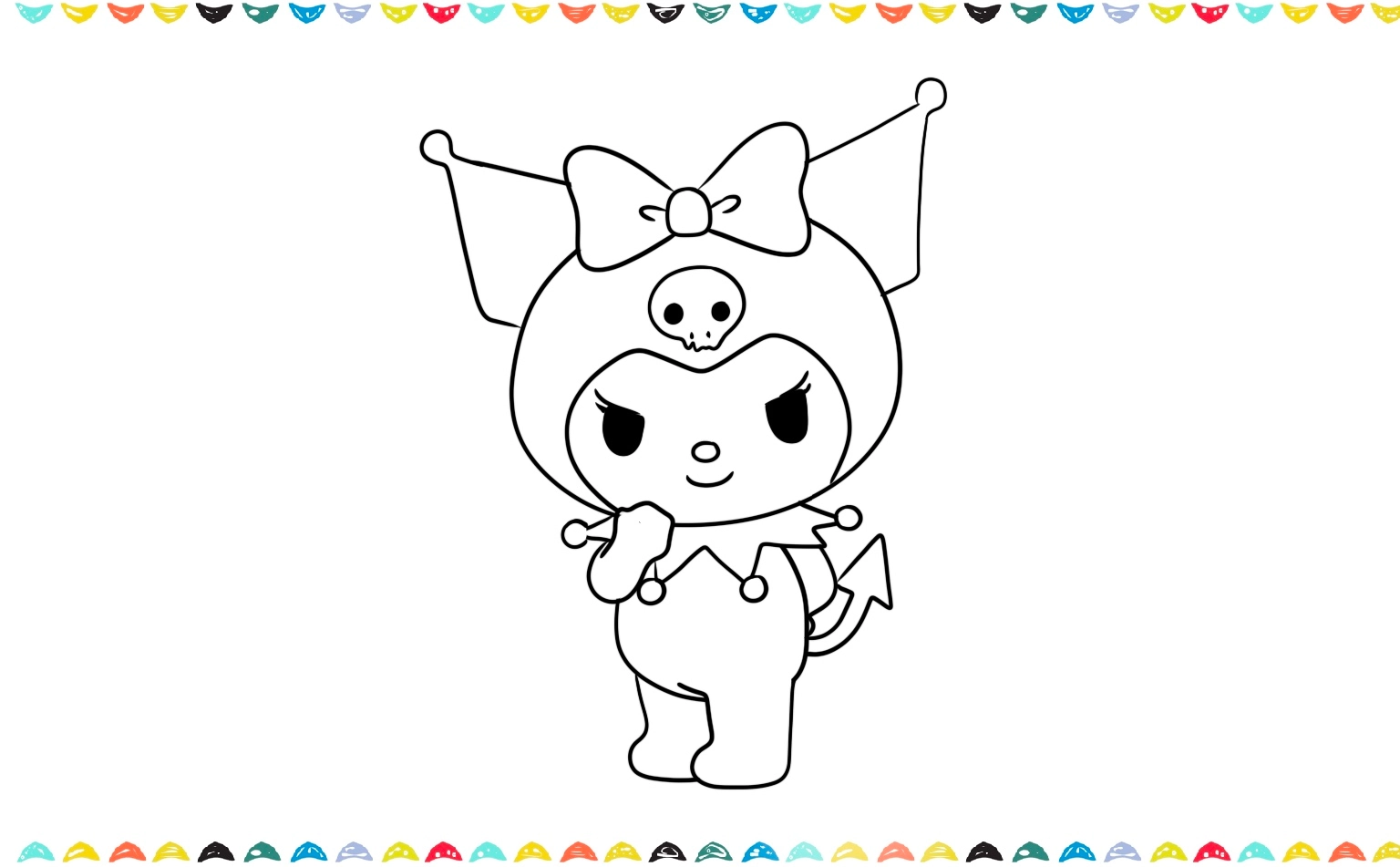 Sketch a cute, curved tail that ends with a sharp, heart-like triangle at the very back of Kuromi drawing step 12 
