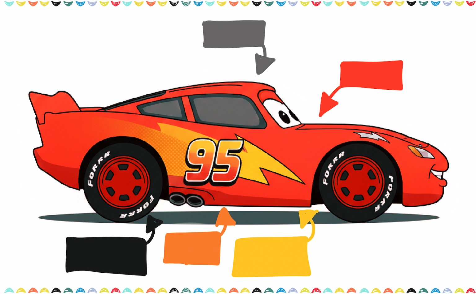Color the finished drawing of Lightning McQueen's body red, the lightning bolt yellow and orange, the wheels black, the windows gray, and the smile white step 12