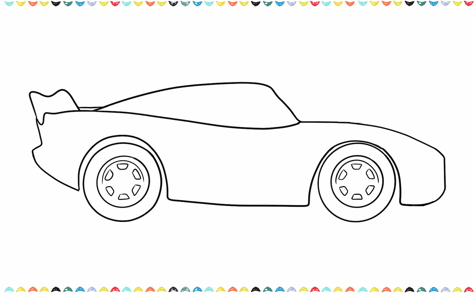 Draw two big circles for the tires, one near the front and one near the back, with a smaller circle inside each for the rims step 6