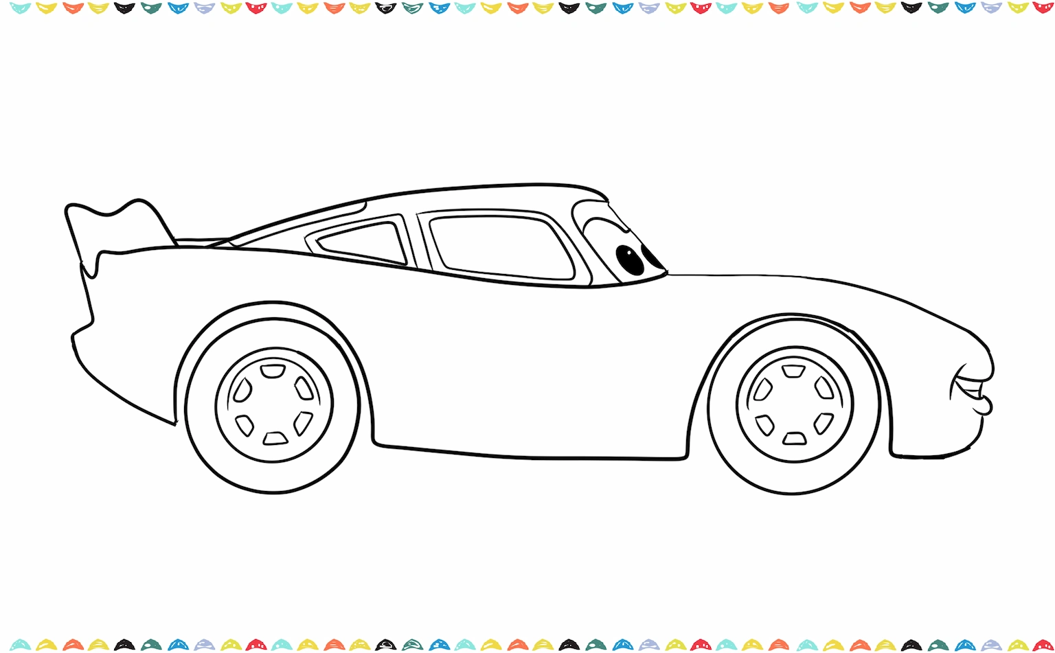 Draw two big oval shapes for Lightning McQueen's eyes on the windshield with black circular pupils inside step 8