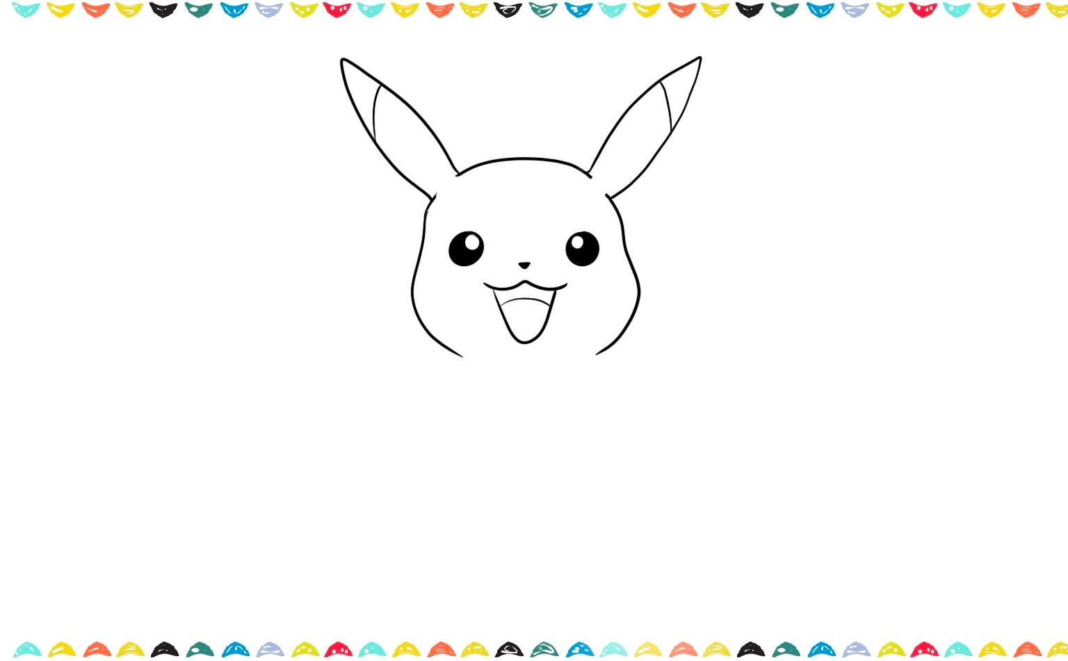 Sketch two big, cheerful eyes, a tiny triangular nose, and an excited, smiling mouth to Pikachu sketch step 4