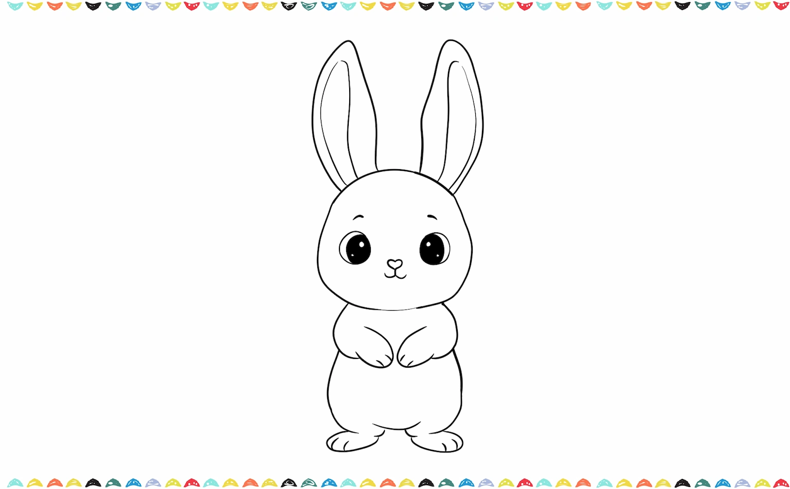 draw two short legs. Add small rounded feet with tiny toes for the bunny drawing step 7