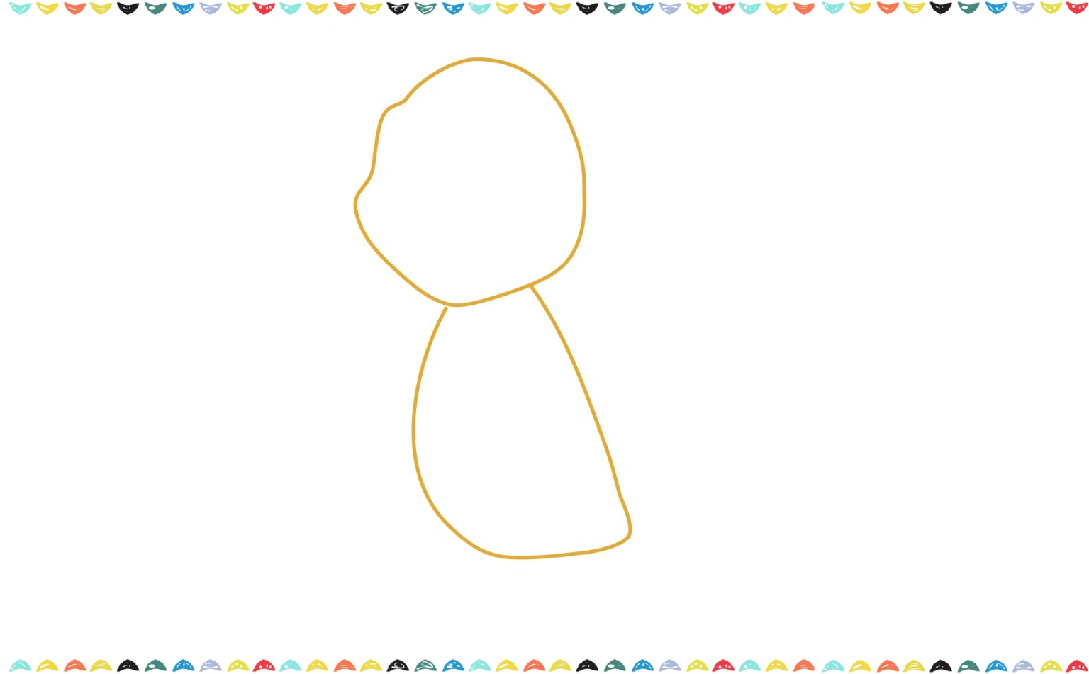 Sketching a smaller oval for the body and joining it to the head with a curved neck to build Charmander's frame step 3
