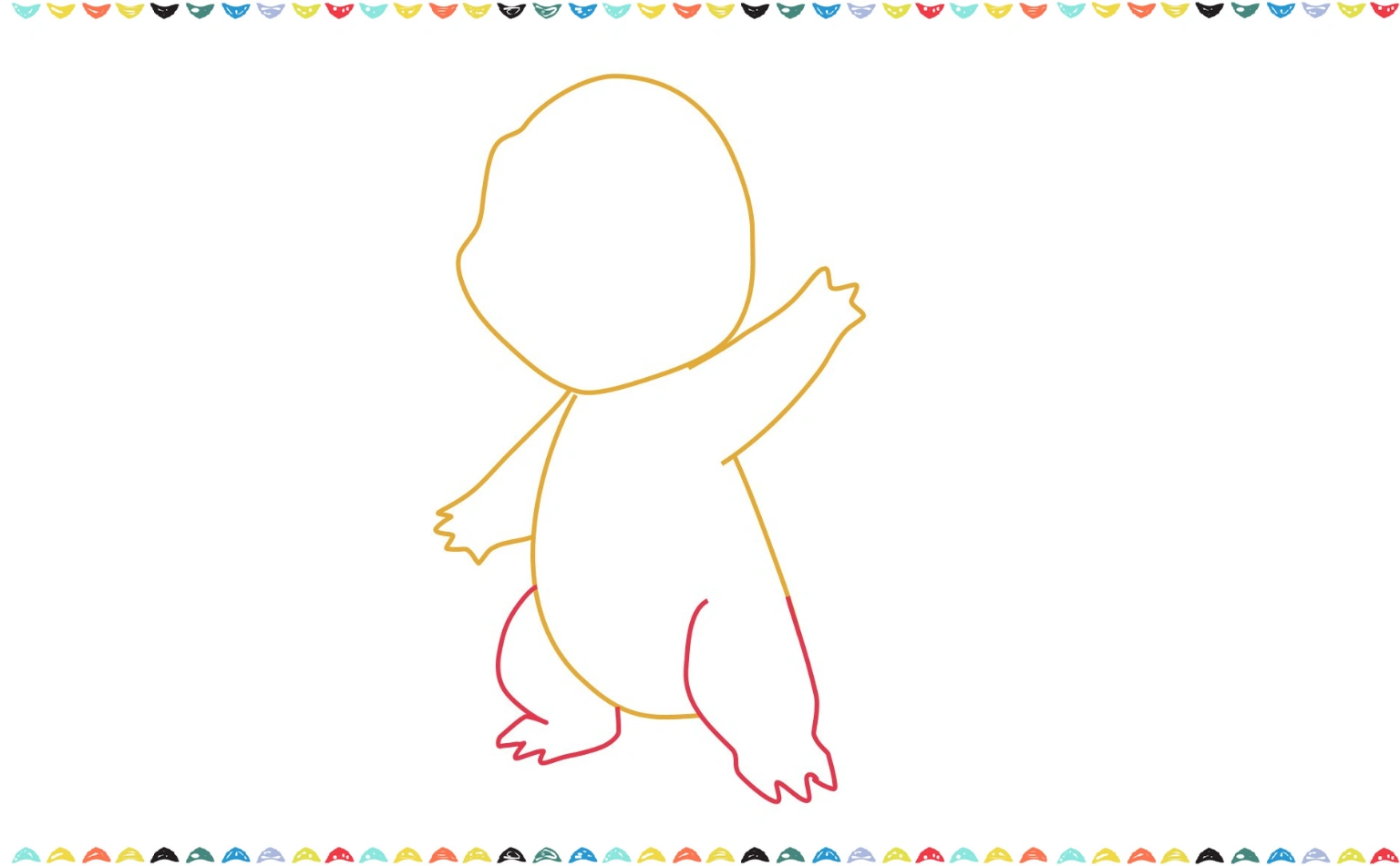 Draw two large, rounded feet with three small triangular toes on each to complete the bottom of the Charmander sketch step 5