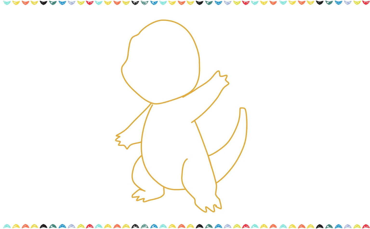 Draw a long, swooping curved line to create the base of Charmander's tail extending from the lower back step 6 