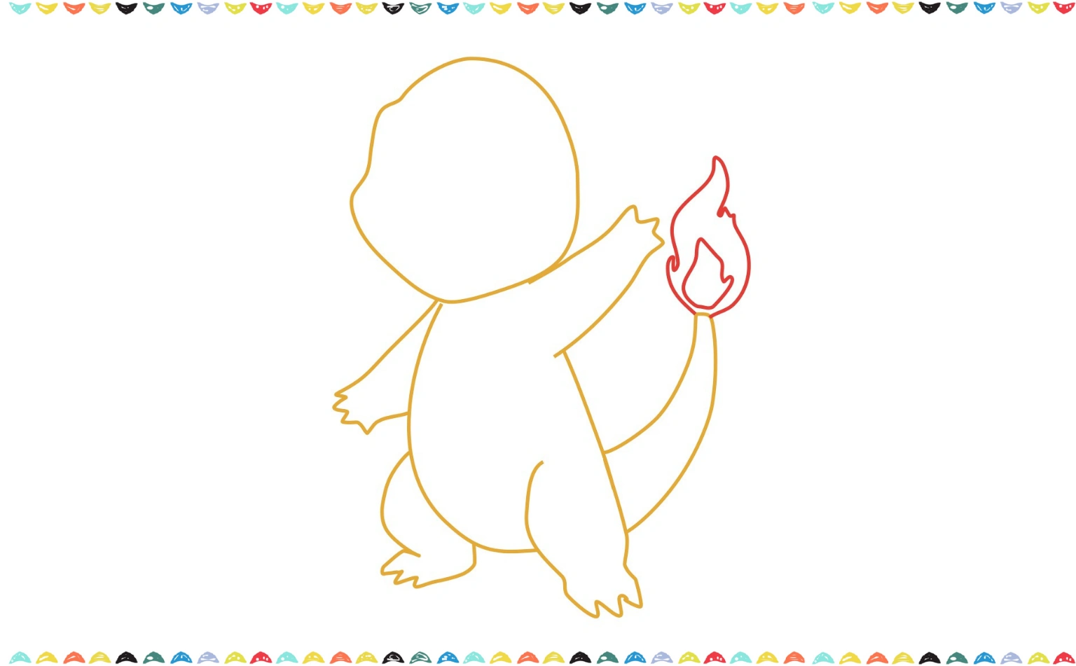 A simple line drawing showing how to add a flickering flame shape to the very tip of Charmander’s tail step 7