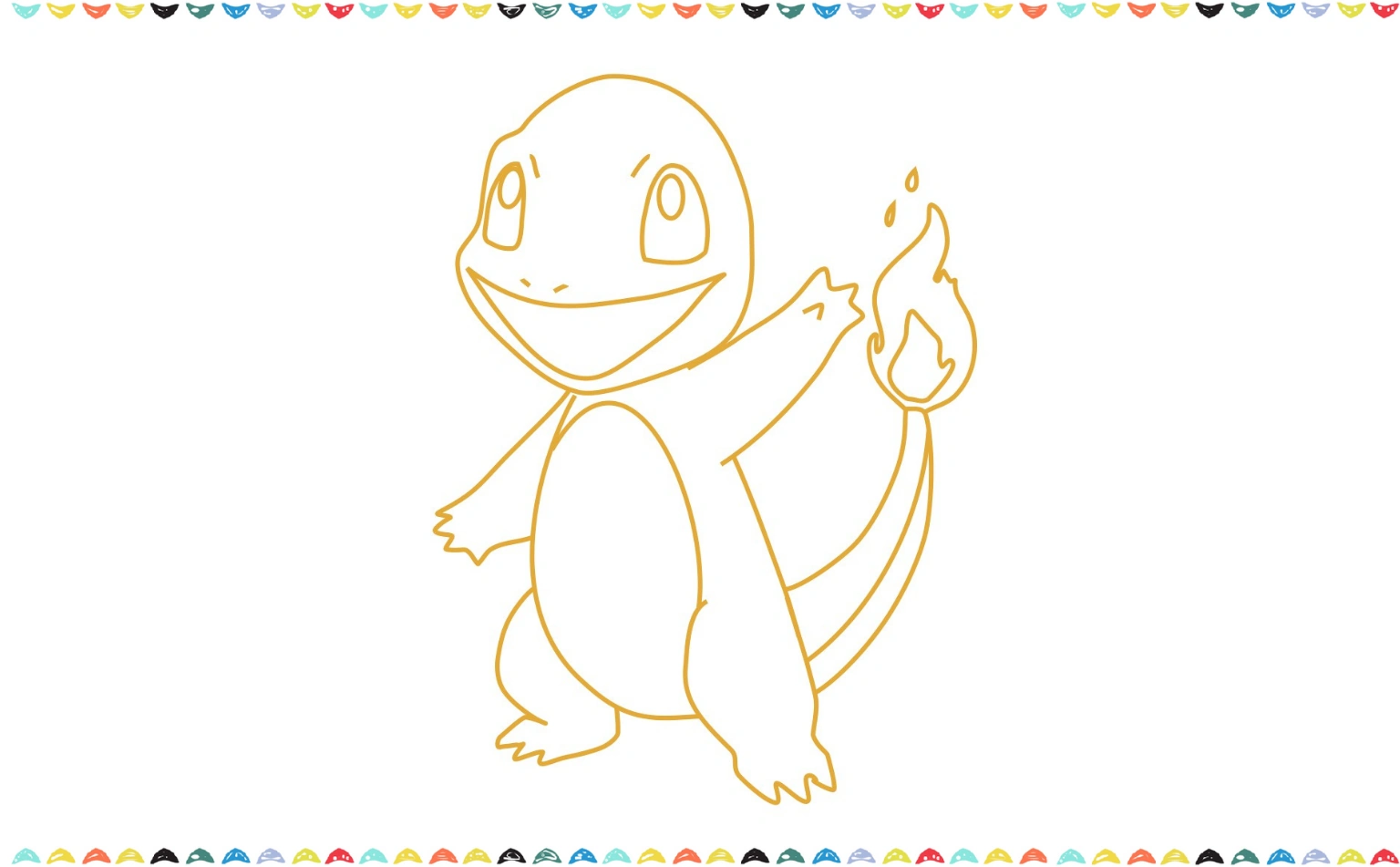 Use a bold black marker to trace over the pencil lines of the Charmander's body, tail flame, and happy expression to create a clean final outline step 9