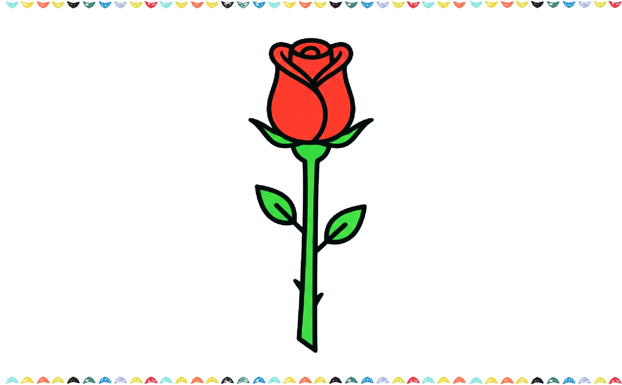 Finished and colored drawing of bacis rose step 8
