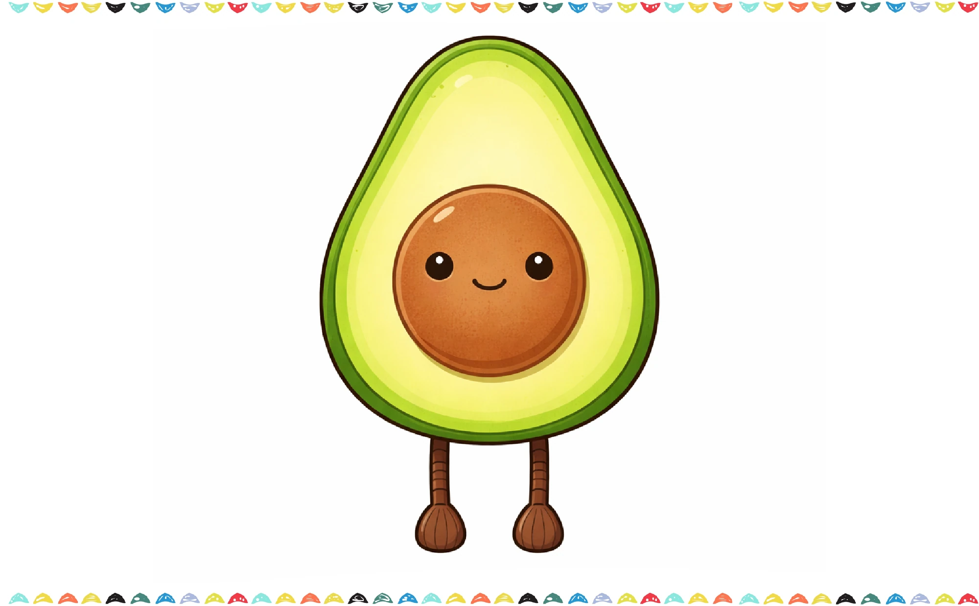Finished and colored Jellycat avocado drawing with cute face and dangling legs