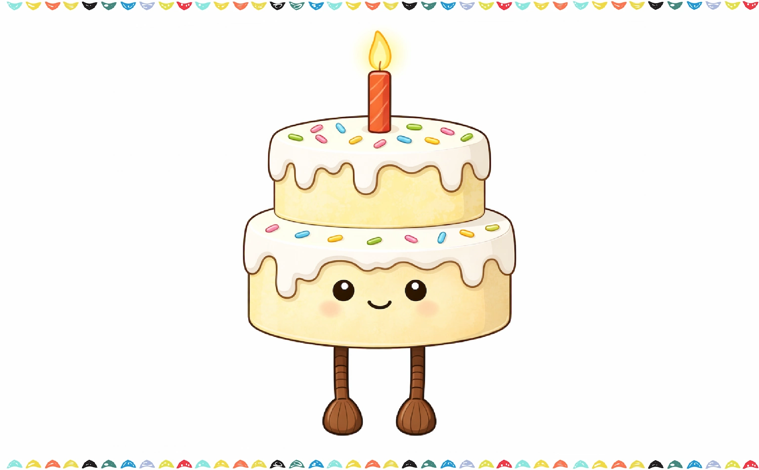 Finished Jellycat cake drawing with candle, sprinkles, and dangling legs step 5
