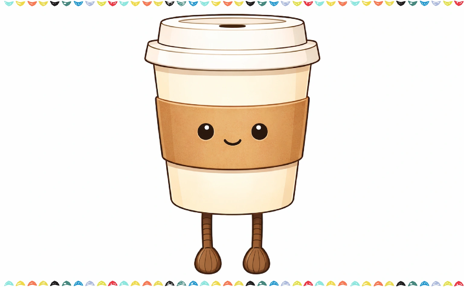 Finished and colored Jellycat coffee cup drawing with cute face and dangling legs step 7