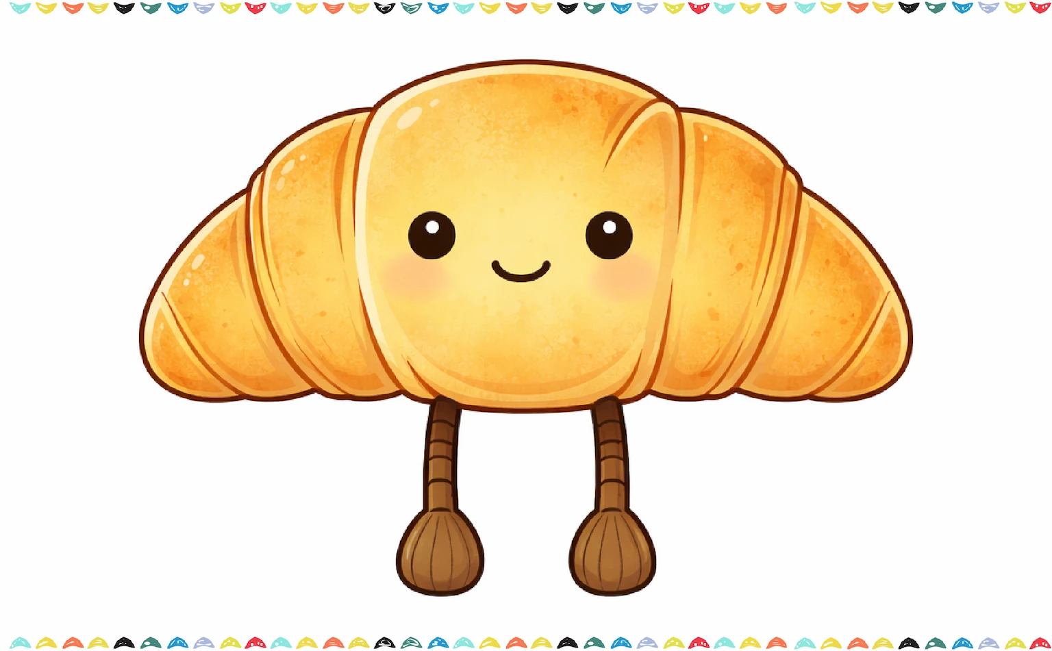 Finished and colored Jellycat croissant drawing with face and dangling legs step 6