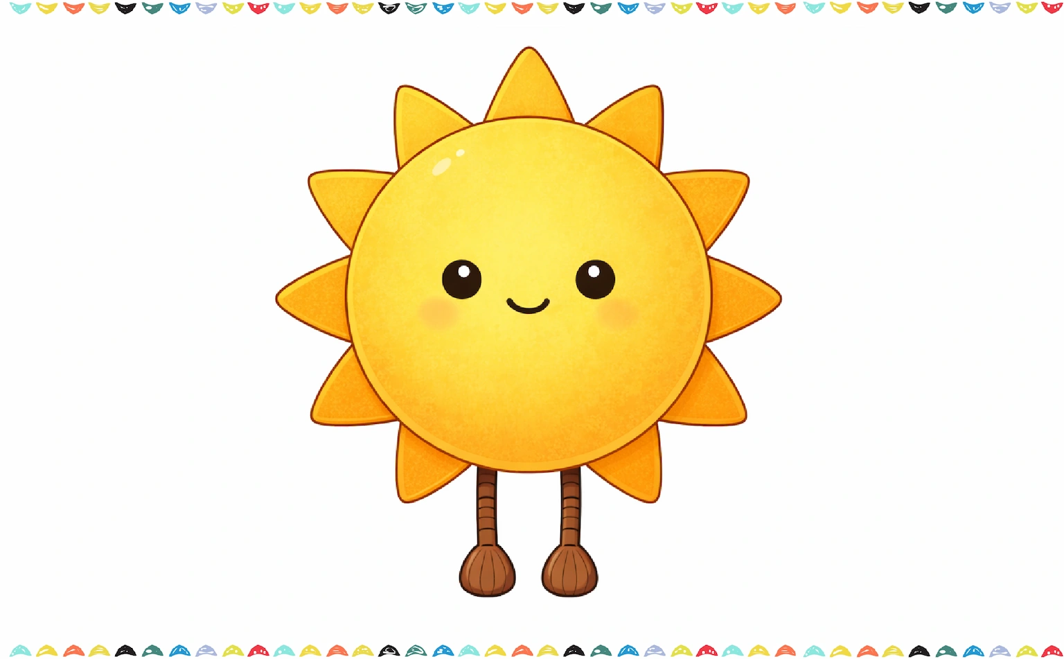 Finished and colored Jellycat sun drawing with rounded rays and dangling legs step 5
