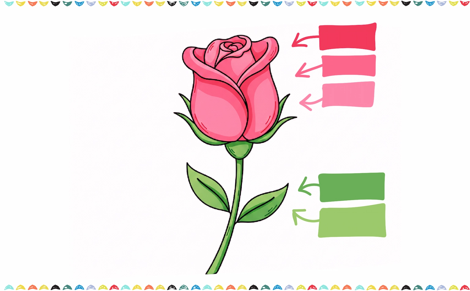 Fill in the rose petals with bright pink and the stem and leaves with green to complete the easy rose drawing tutorial step 11