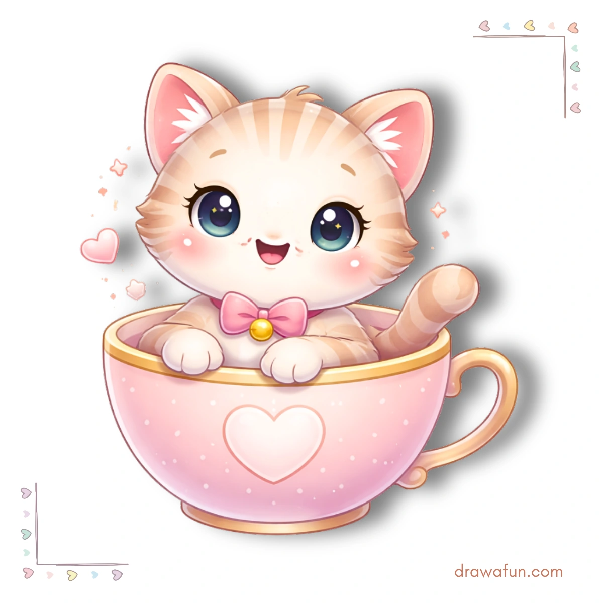 kawaii cute cat drawing -cat sitting ona giant tea cup