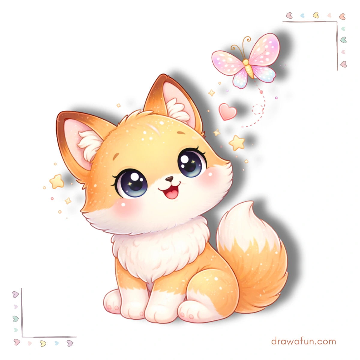 kawaii cute fox drawing fox with a butterfly