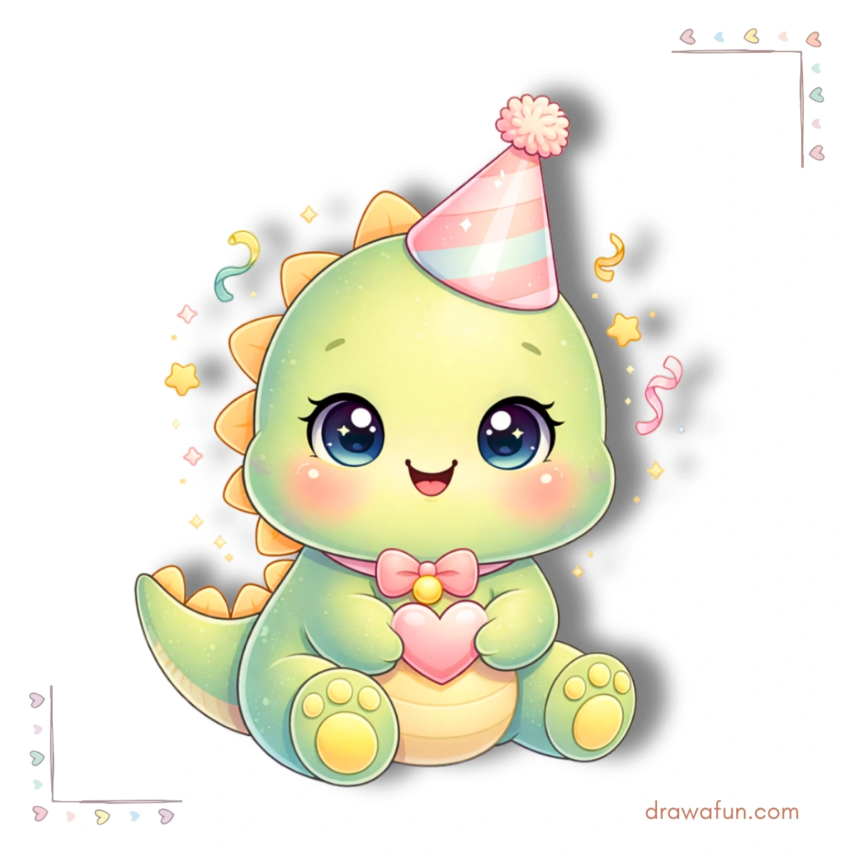 kawaii dinosaur drawing - dinosaur wearing a party hat