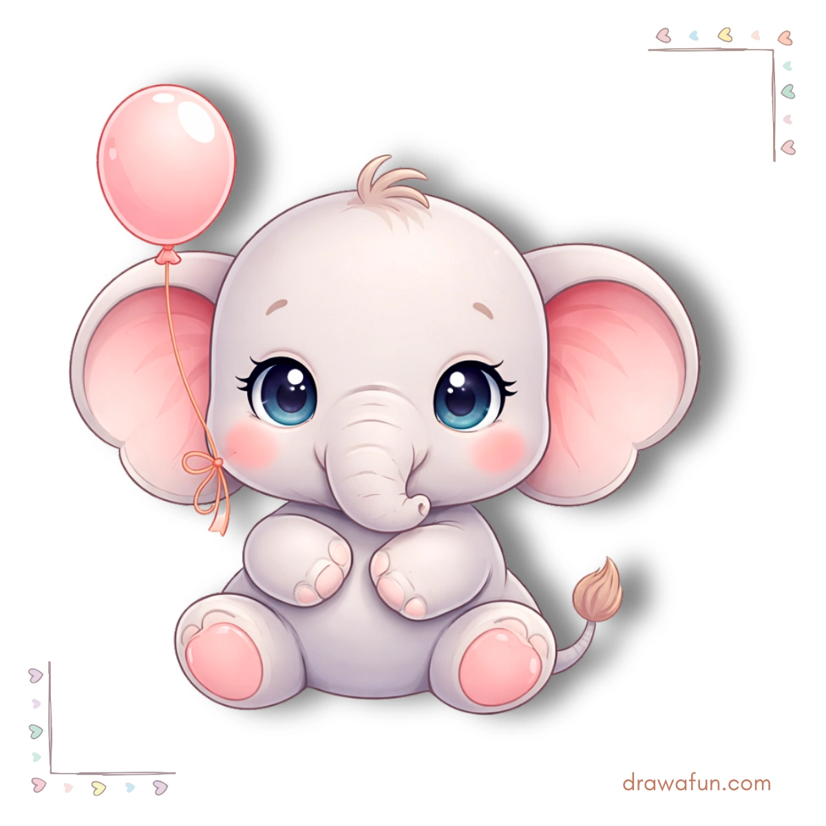 kawaii baby elephant drawing with a baloon