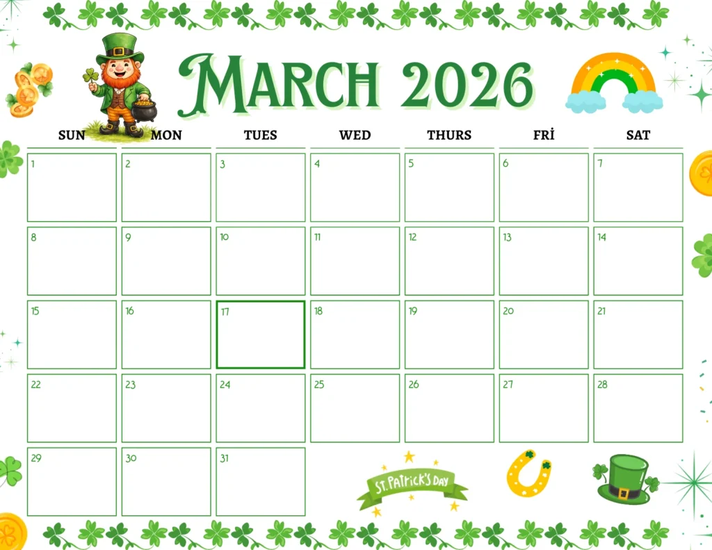 St. Patrick’s Day March 2026 Calendar cover image