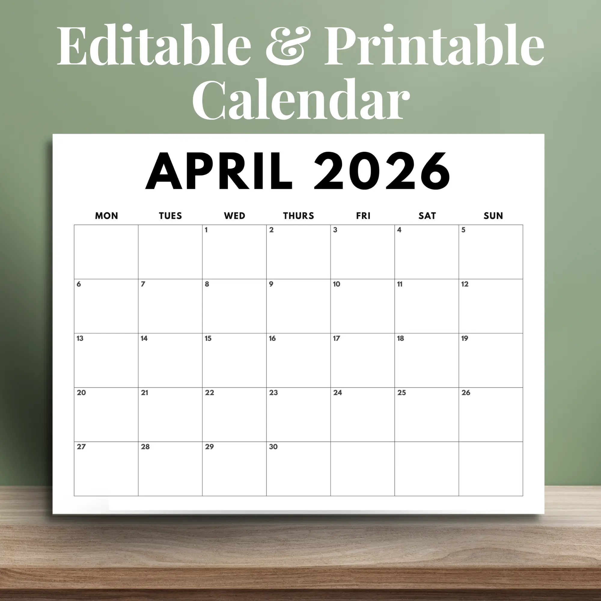 april 2026 calendar - editable pdf - plain and clean bold design