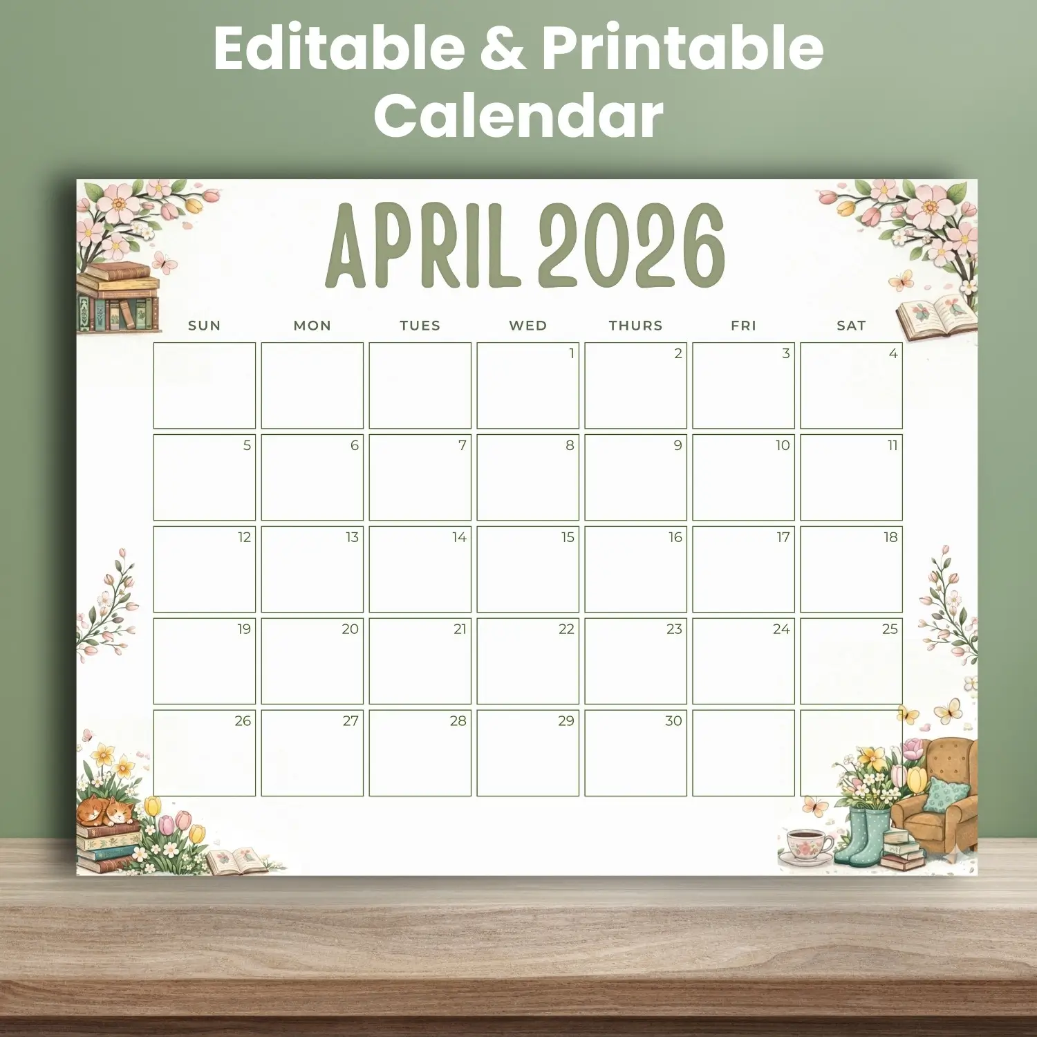april 2026 calendar - editable pdf - cozy floral design