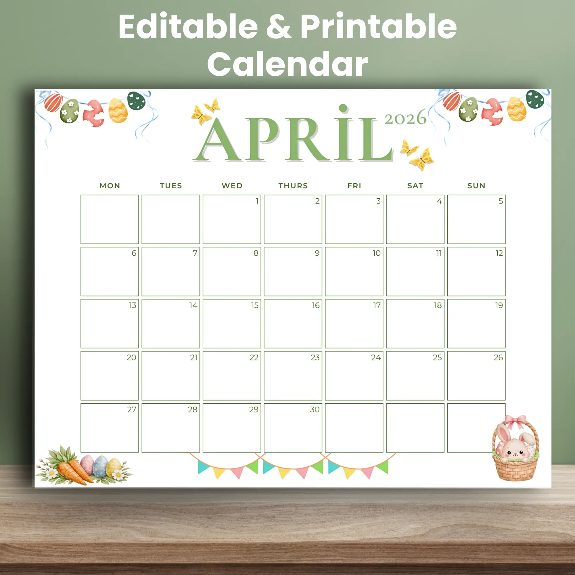 april 2026 calendar - editable pdf - easter themed