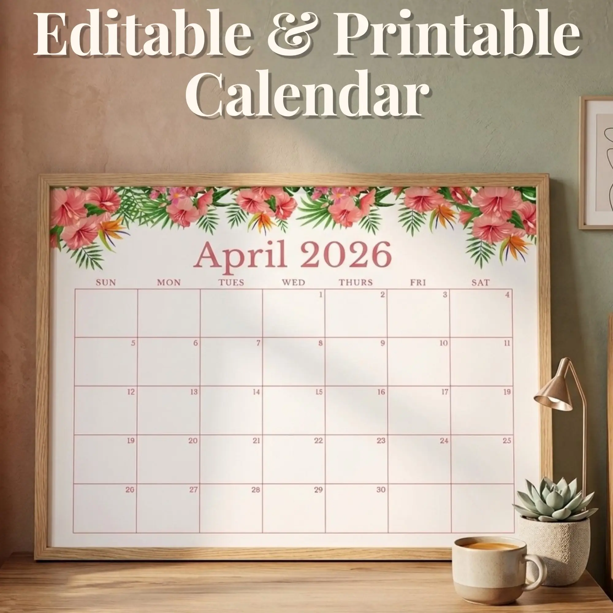 april 2026 calendar - editable pdf - hibiscus themed