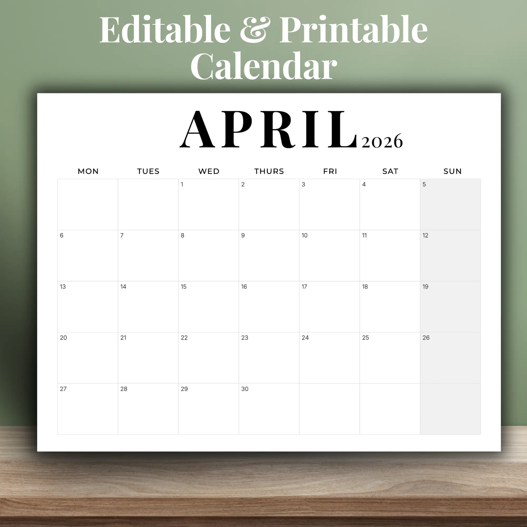 april 2026 calendar - editable pdf - plain and minimalist design