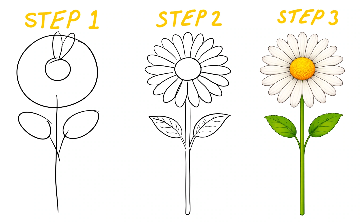 daisy flower illustration with round yellow center and thin white petals.