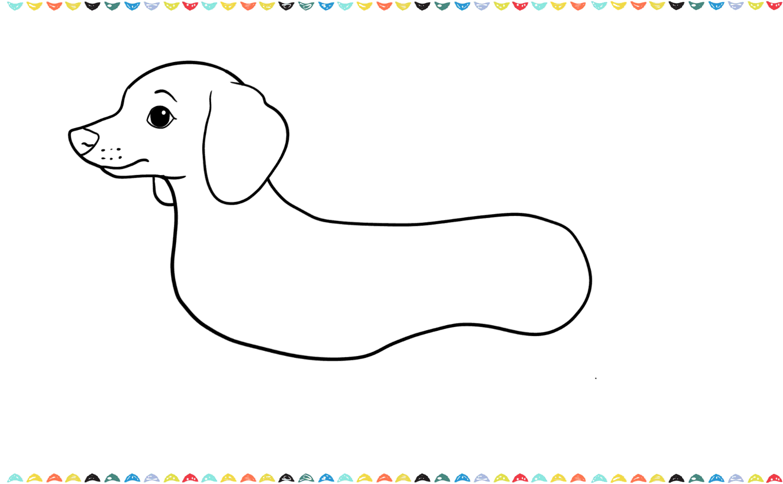 Sketching a round eye, a simple curved mouth, and small dots for whiskers on the dog's face to create a cute expression step 8