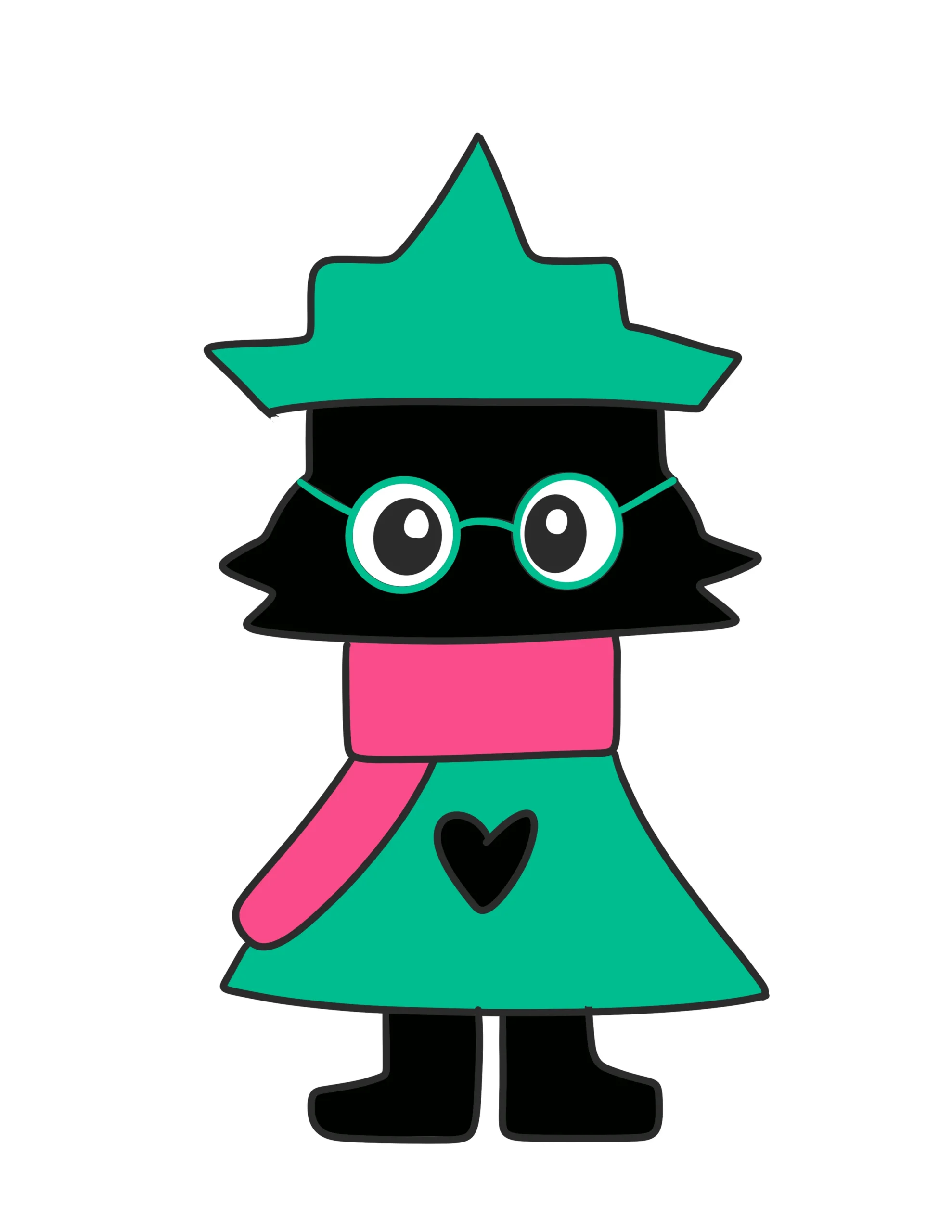 Final step: Coloring the completed Ralsei drawing with vibrant green, pink, and black.