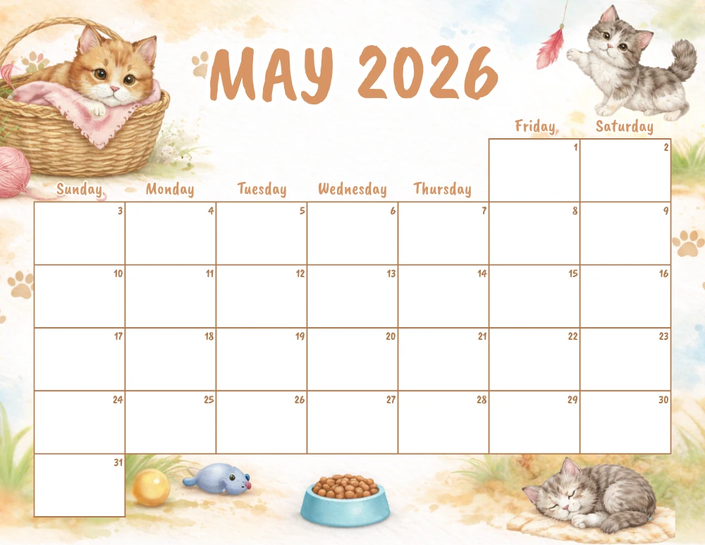may 2026 calendar - cat themed