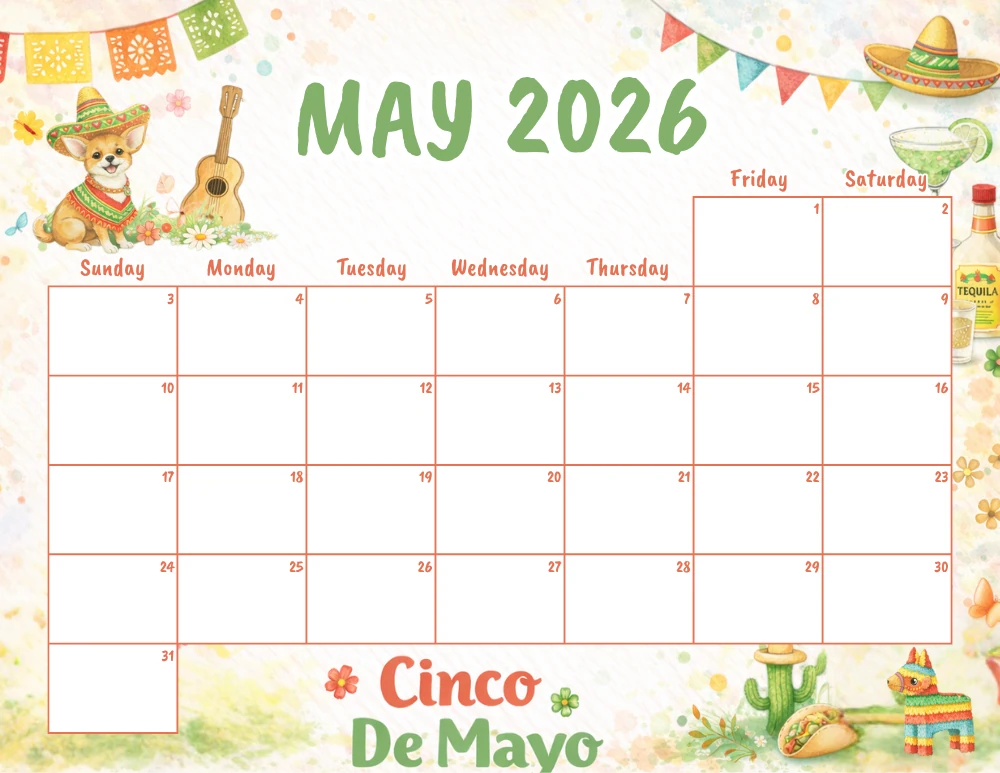 may 2026 calendar - cinco de mayo theme