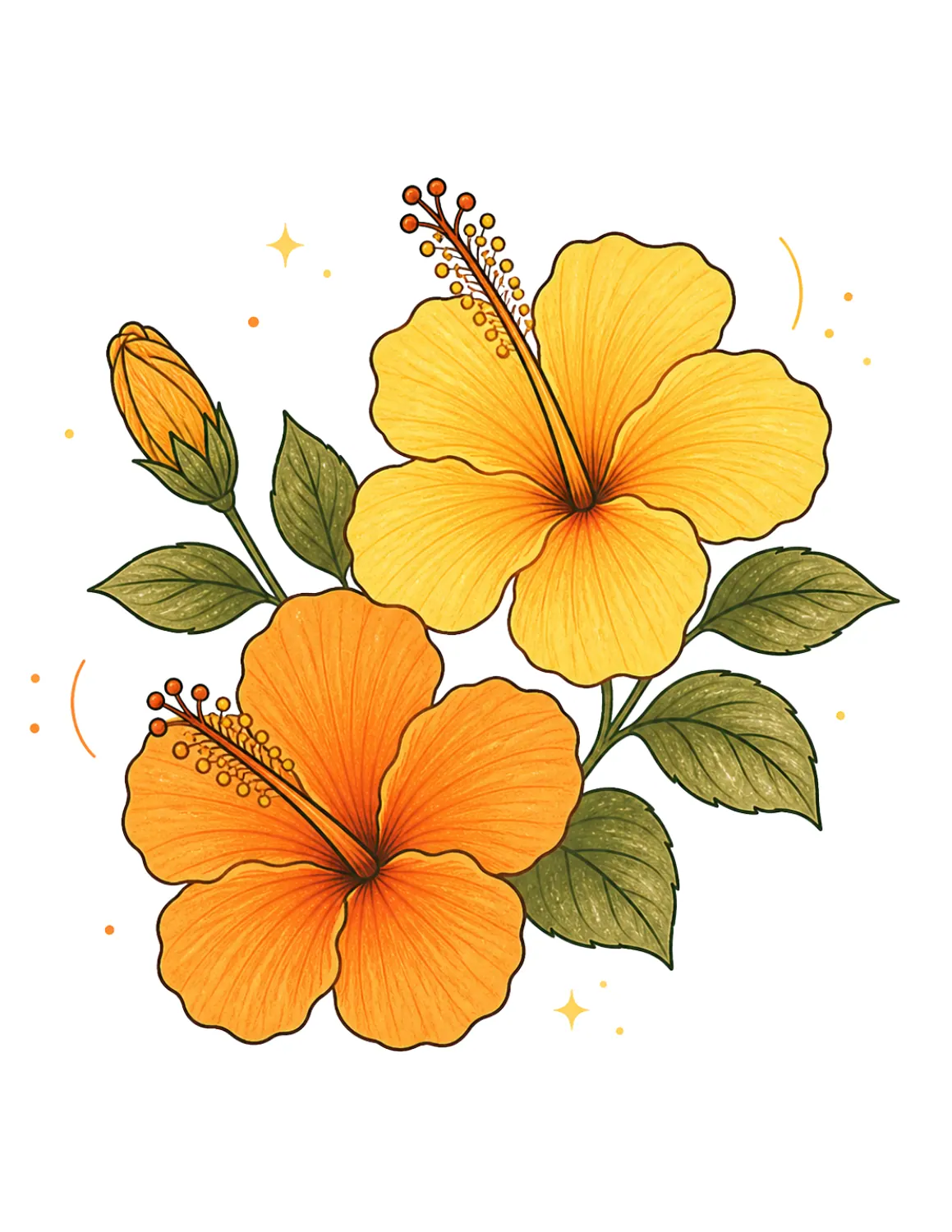 Double hibiscus detailed flower drawing with overlapping tropical petals 