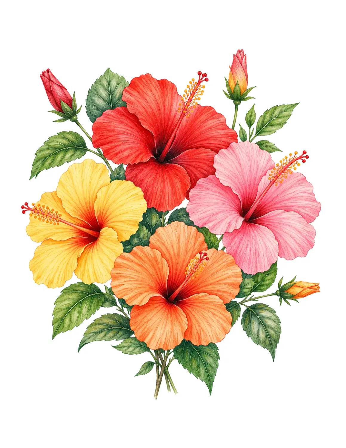 Hibiscus bouquet drawing idea with multiple tropical flowers