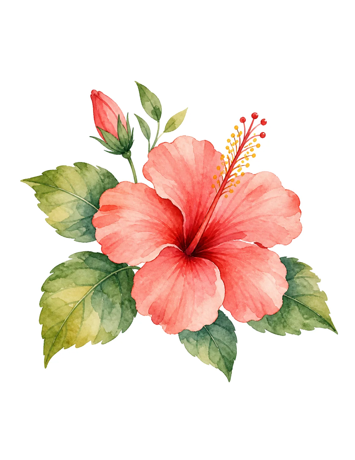 Hibiscus flower drawing with tropical leaves and stem details