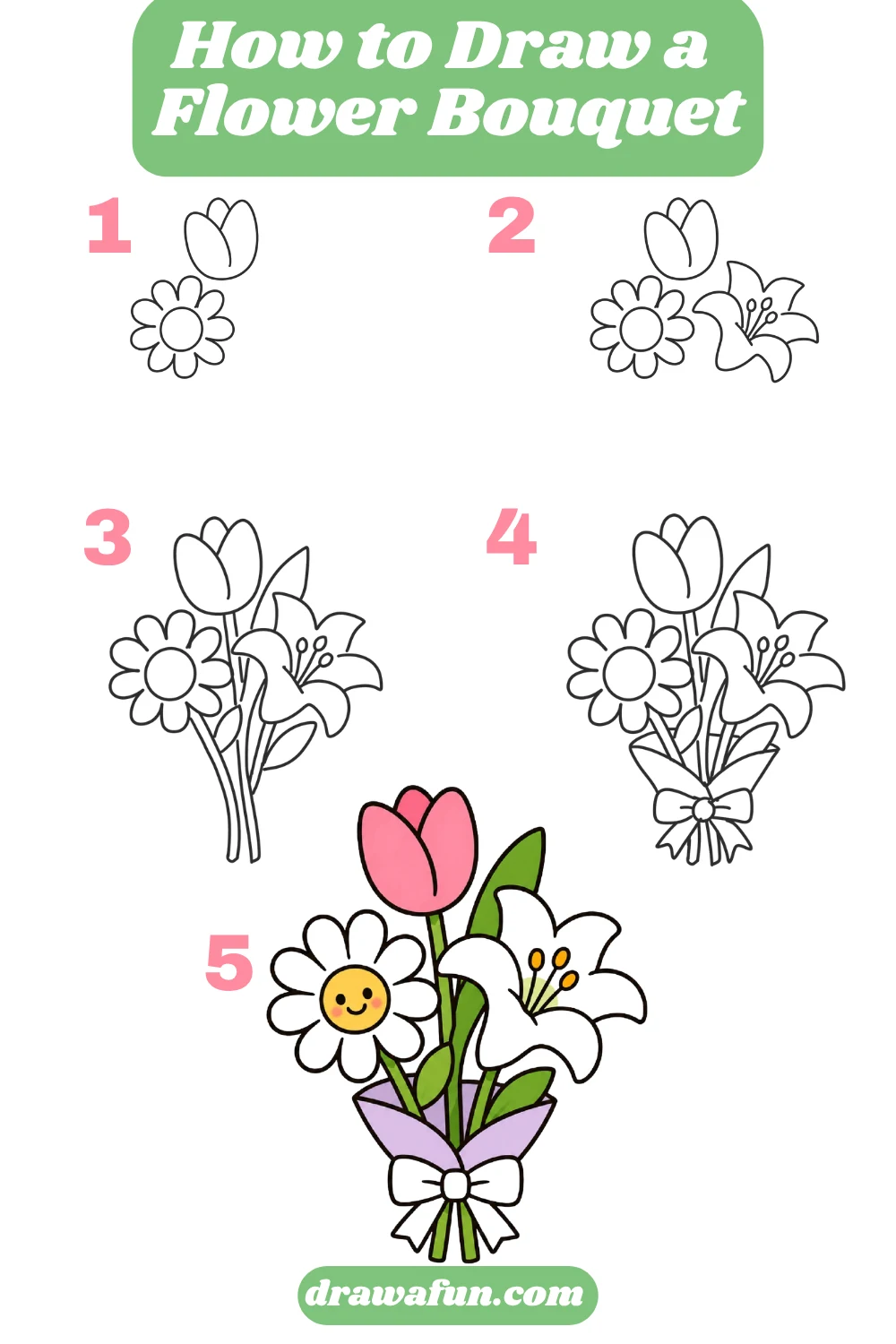 Easy flower bouquet drawing step by step - cartoon style
