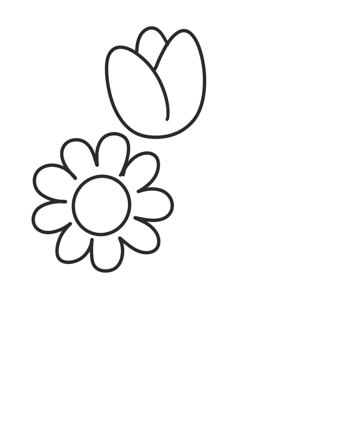 Step 2 of a flower bouquet doodle tutorial with a tulip added above the daisy flower.