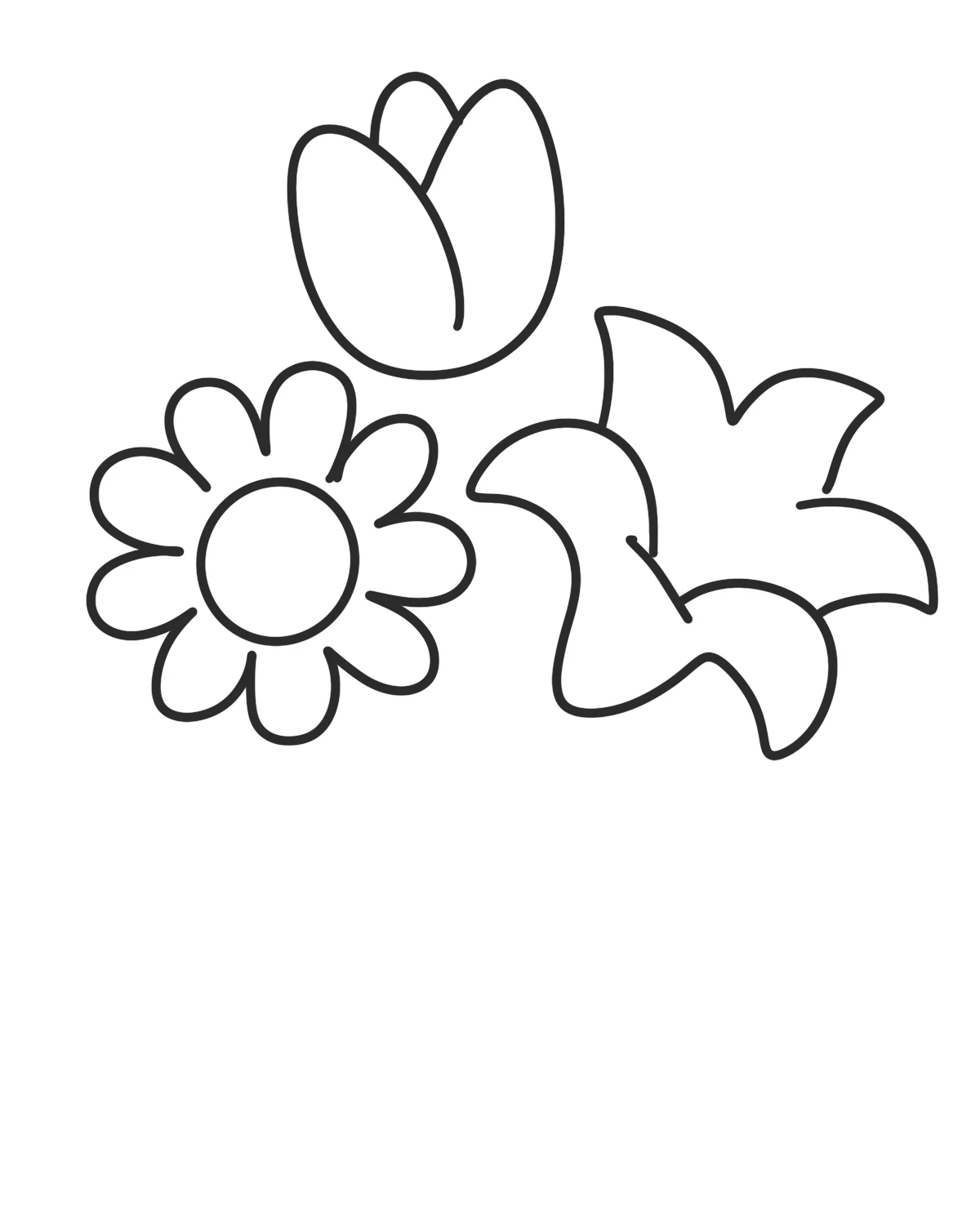 Step 3 of a cute flower bouquet drawing showing a lily flower next to the daisy and tulip.